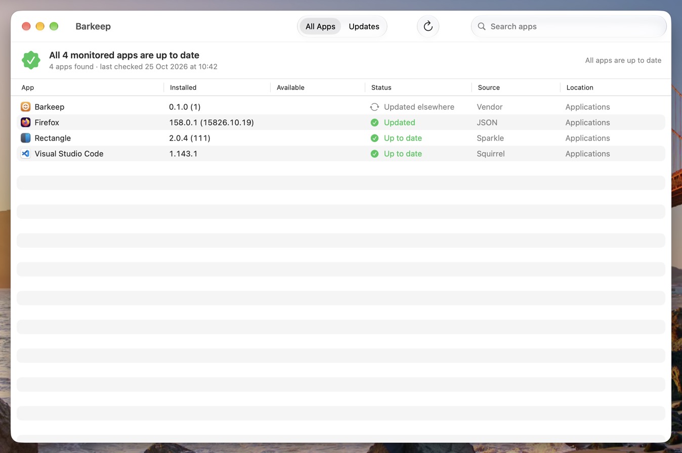 Barkeep's window listing four apps, each with the way it updates: Firefox from a JSON feed, Rectangle from Sparkle, Visual Studio Code from Squirrel, and Barkeep from its vendor.