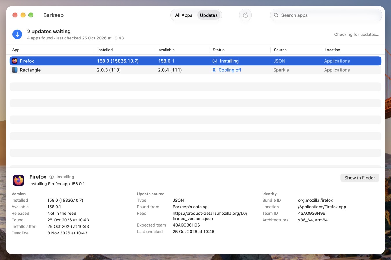 Barkeep installing Firefox 158.0.1, with the date it was found, when it could install, and its deadline.