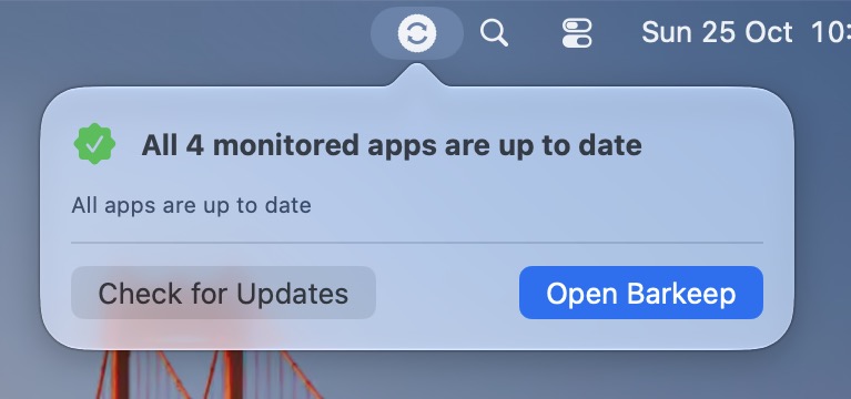Barkeep's menu bar popover: all 4 monitored apps are up to date.