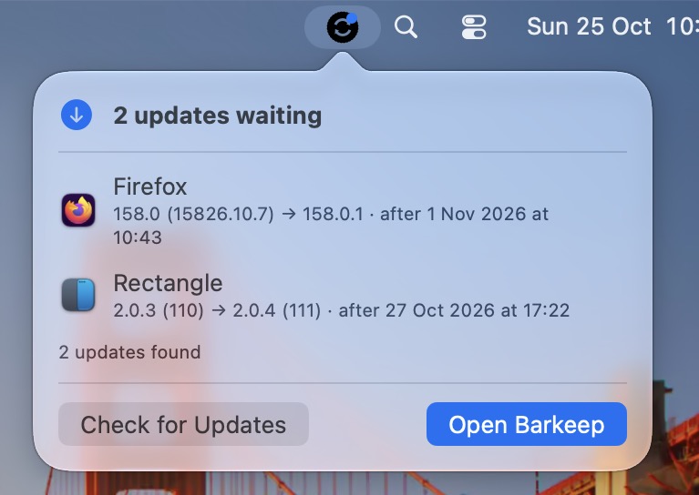Barkeep's menu bar popover: 2 updates waiting, Firefox after 1 November and Rectangle after 27 October.