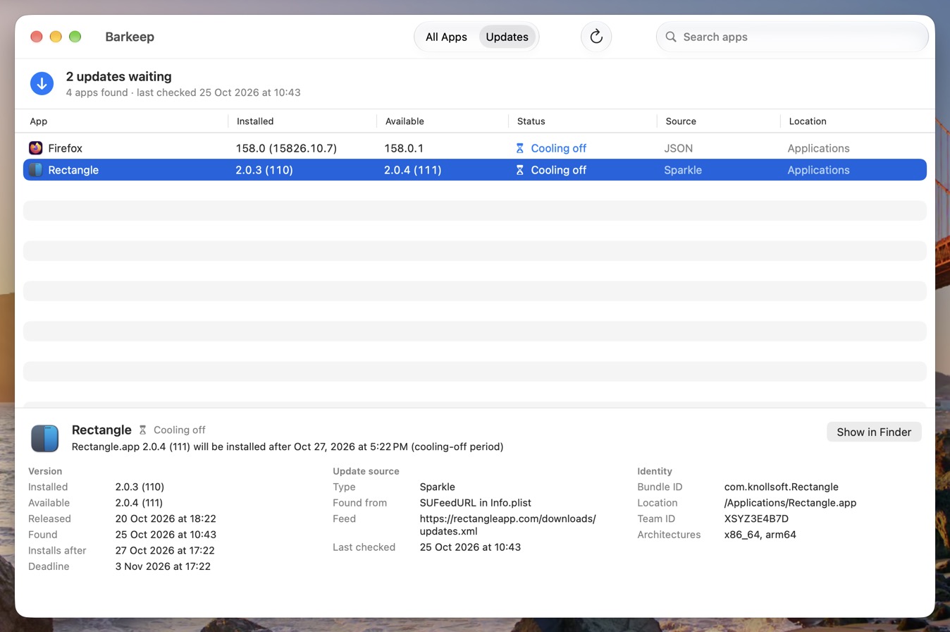 Barkeep's window listing two updates waiting. Rectangle 2.0.4 is cooling off: it will be installed after 27 October, with a deadline of 3 November.